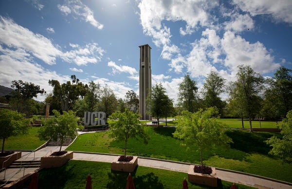 UCR Campus Bell Tower and UCR Sign